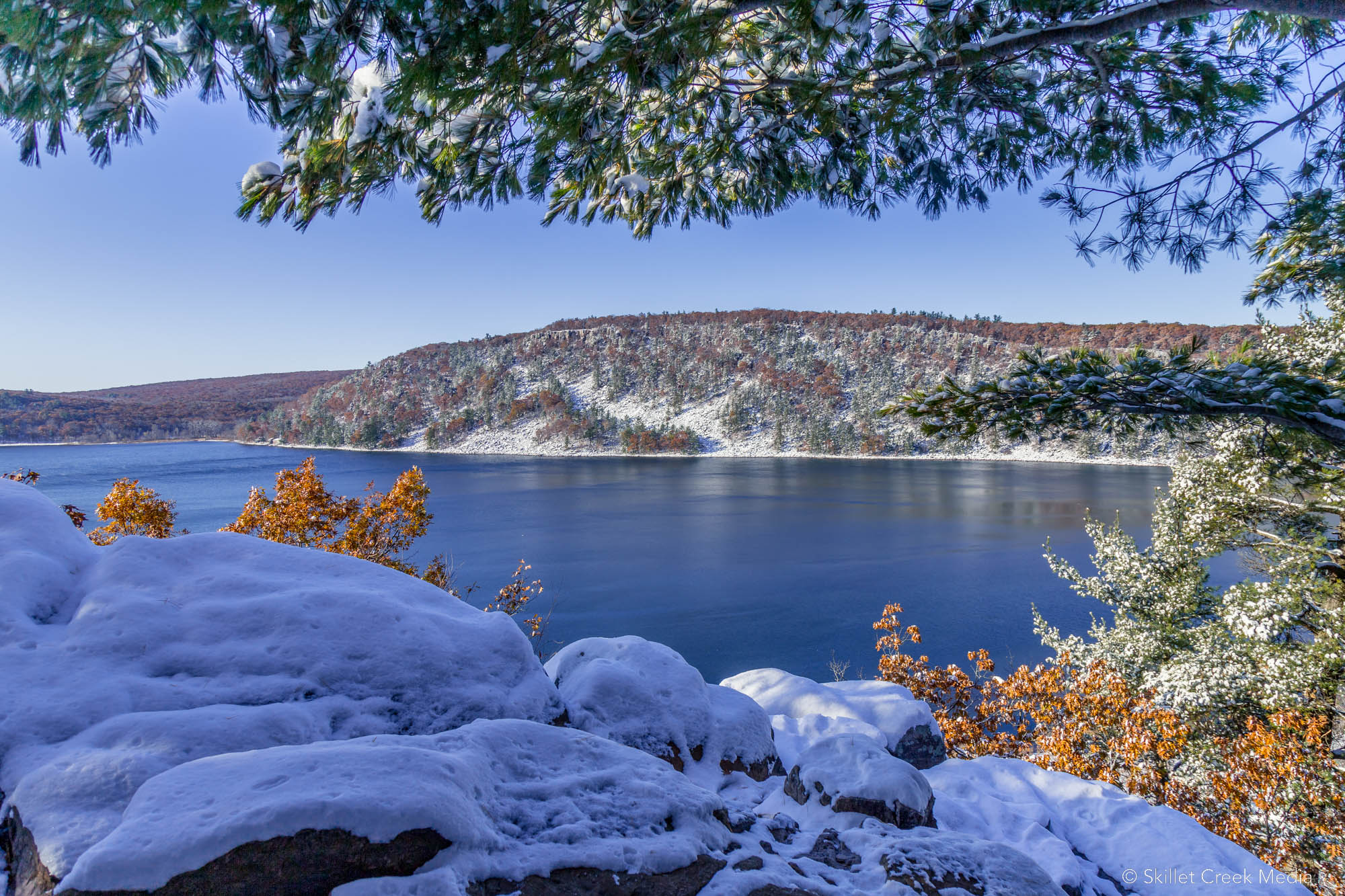 A lake and snowy landscape in Sauk County, Wisconsin
