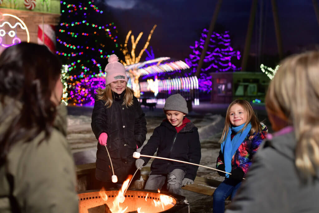 Children and adults roast marshmallows over a fire pit at Night of Light in Sauk County, Wiscsonsin