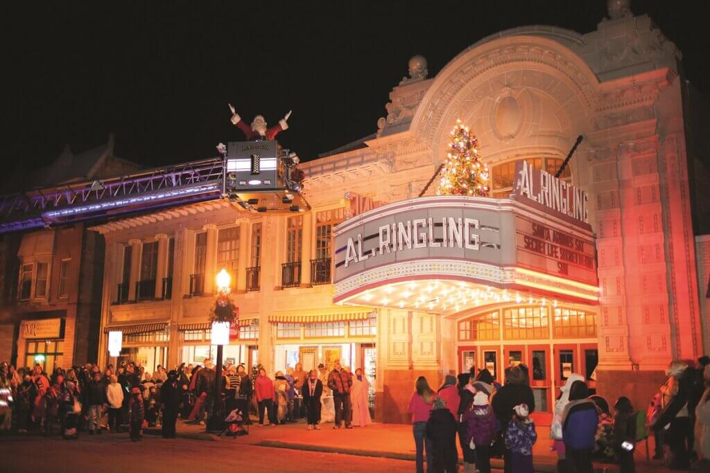 Exterior shot of Al. Ringling Theater at night in Sauk County, Wisconsin